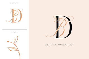 Elegant BD wedding monogram logo with botanical accents
