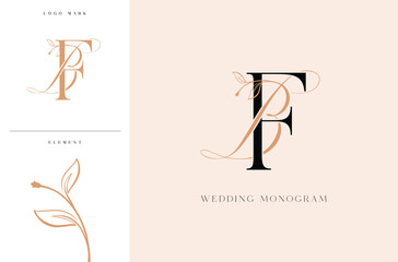 Elegant BF wedding monogram logo with botanical accents