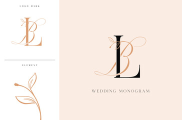 Elegant BL wedding monogram logo with botanical accents