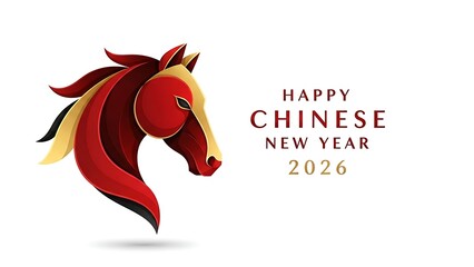 Happy Chinese New Year 2026 with elegant horse head illustration.
