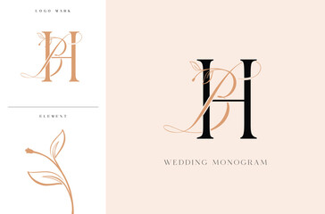 Elegant BH wedding monogram logo with botanical accents