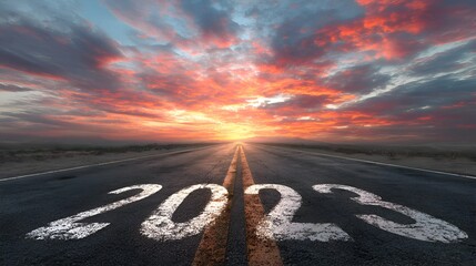 The year 2023 is painted on a long road vanishing into a vibrant colorful sunset, symbolizing hope and new beginnings for the future.