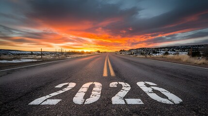 The year 2026 painted in large white numbers stretches along a dark asphalt road into a vibrant colorful sunset in the distance.
