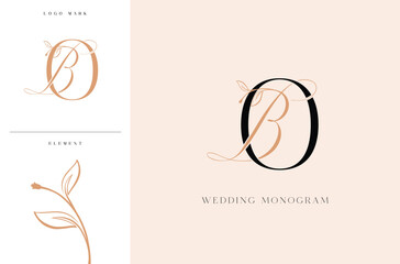 Elegant BO wedding monogram logo with botanical accents