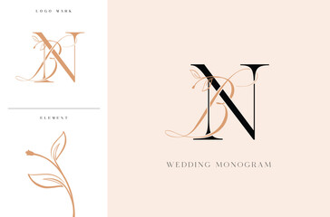 Elegant BN wedding monogram logo with botanical accents