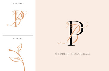 Elegant BP wedding monogram logo with botanical accents
