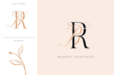 Elegant BR wedding monogram logo with botanical accents