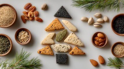 Festive Christmas tree shape is created with various nuts and seeds surrounded by pine branches on a white background creating a holiday theme.
