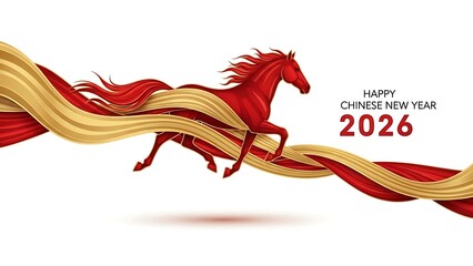 Happy Chinese New Year 2026 with Red Horse and Golden Ribbons.