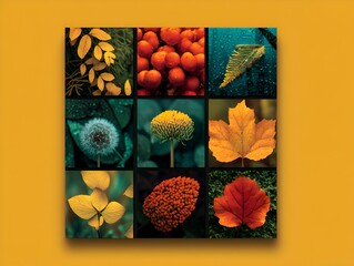 A collection of nine square macro photographs showcasing various natural elements including foliage, berries, seeds and leaves on orange backdrop.