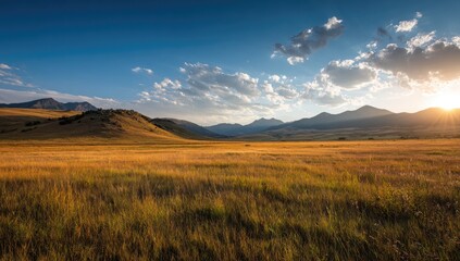 Obraz premium Panoramic sunset over a golden meadow