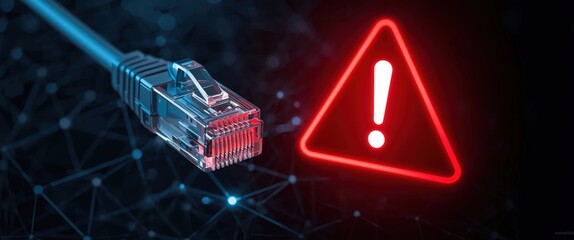 Warning sign with exclamation mark next to network cable connector