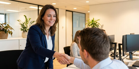 Fototapeta premium Business office people close handshake job interview hand up teamwork professional setting, warm smile shows trust and success in modern workplace collaboration