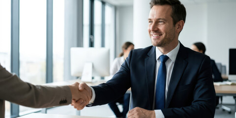 Job business close office hand up shake people in formal meeting celebrate successful corporate partnership in bright modern workspace with natural light and confident smile of happy colleague