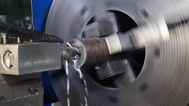 Drilling process on industrial lathe machine. shavings in industrial workshop. Mechanical coupling connecting two rotating shafts in industrial setting. rotating metal part. Heavy industry concept