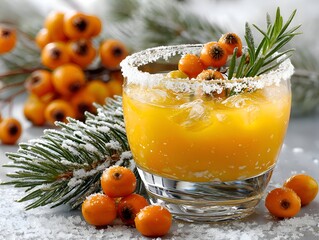 A refreshing orange cocktail garnished with fresh berries and rosemary sits amidst snow-covered pine needles du winter holidays.