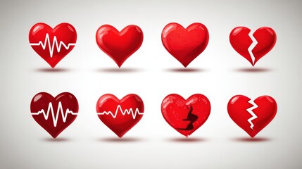 Set of red heart icons in different styles for love themes and health, showing various designs for Valentine's Day, emotions, and relationships