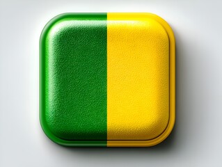 A vibrant square button is bisected into lush green and bright yellow, casting a subtle shadow on a clean white surface for graphic use.