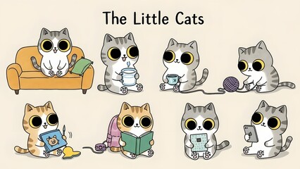 A collection of eight adorable cartoon cats with big eyes, each engaged in various leisure activities like reading, drinking, playing with yarn, and using electronic devices.
