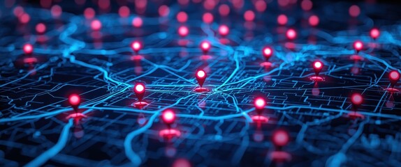 Glowing red dots on blue city map with connections