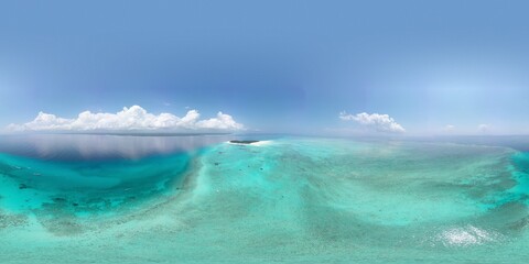 360 degree aerial panorama of Mnemba atoll coral reef, tropical lagoon, Zanzibar