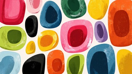 Colorful abstract shapes create a seamless pattern in pastel tones and vibrant designs for playful art use in various projects and backgrounds