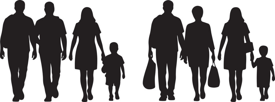 Two separate family groups with adults and children walking depicted as dark black silhouettes