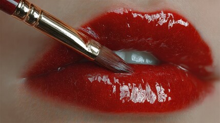 Woman applying bright red lipstick in a close-up shot showcasing the beauty routine for an evening out or a special occasion on a plain background