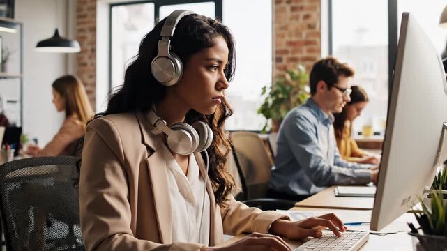 Focused young woman wearing headphones working on computer at modern office desk with colleagues in background
