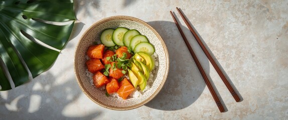 Delicious salmon sushi bowl with avocado and cucumber on rice