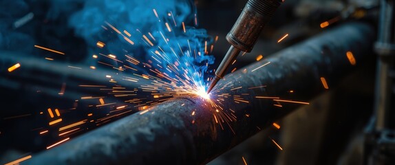 Close-up of welding torch sparking on metal pipe in industrial setting