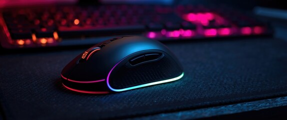Gaming mouse with colorful RGB lighting on desk with keyboard