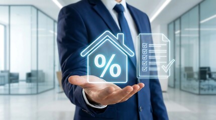 a businessman is presenting a glowing digital representation of a house with a percentage sign and document signifying property investment and financial data