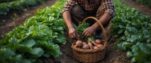 Farmer harvesting fresh sweet potatoes in lush green garden rows