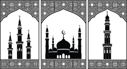   Islamic mosque silhouette panels, decorative minaret and dome artwork, cultural religious architecture with ornate borders and motifs, elegant flat vector © MstFerdushe