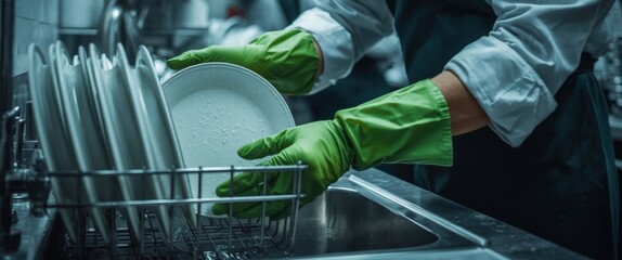 Person in green gloves loading clean dishes into rack in kitchen