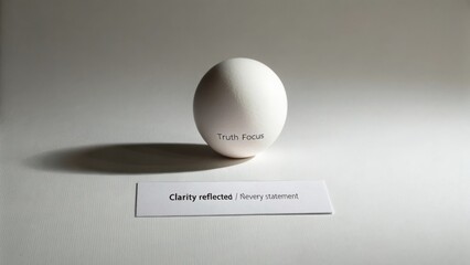 White sphere on soft background with printed words showcasing clarity, focus, and truth for abstract concept exploration