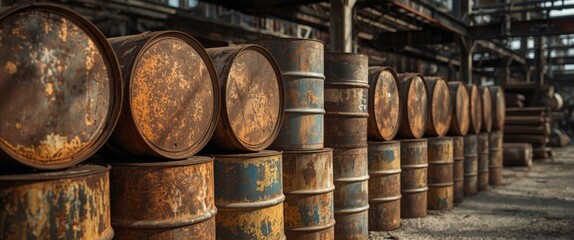 Rusty industrial barrels stacked in abandoned factory setting