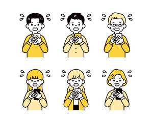 焦った・慌てた様子でスマホを操作する、様々な年齢の男性と女性のベクターイラスト素材セット