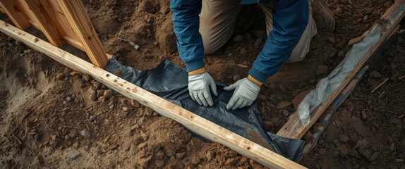 Construction worker laying down waterproofing membrane on building site