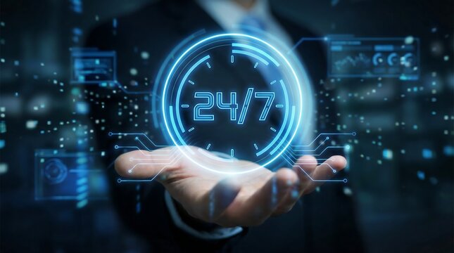 a professional displaying a glowing 24 7 clock in his palm representing constant service and digital connectivity in a futuristic setting high quality - Powered by Adobe