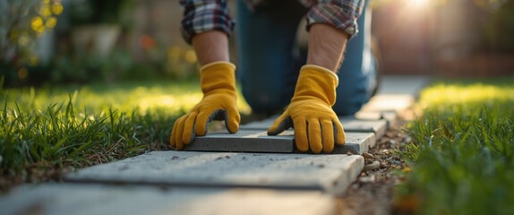 Man laying paving stones in garden on sunny day with gloves