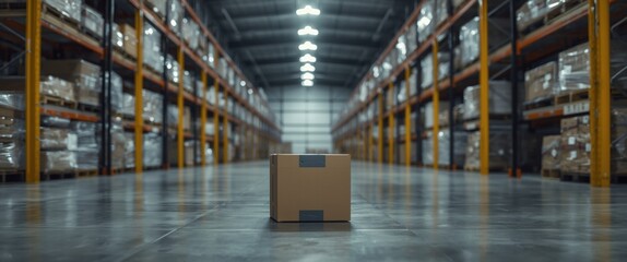 Cardboard box in a large modern warehouse with high shelves