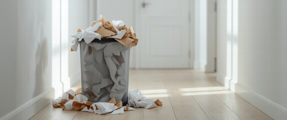 Overflowing trash can in a clean hallway with scattered paper