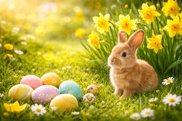 Cute Easter bunny sitting on green spring meadow with colorful painted eggs and yellow daffodils. Bright sunny Easter scene symbolizing spring, new life and festive holiday mood.
