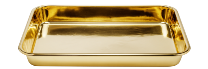 Golden shiny rectangular baking dish isolated on transparent background for cooking