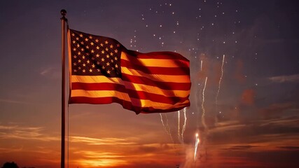 USA Flag waving in sunset sky with fireworks celebration. Waving American flag with stars and stripes in red, white, and blue animation. Patriotism, USA, celebration, independence, national, United St - Powered by Adobe