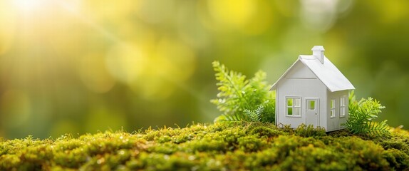 Tiny white house model on green mossy hill with sunny background