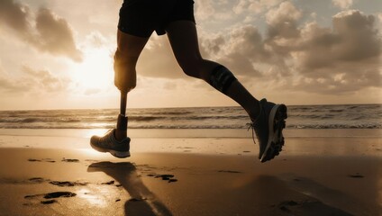 Adaptive Athlete Running on Beach at Sunset with Prosthetic Leg.