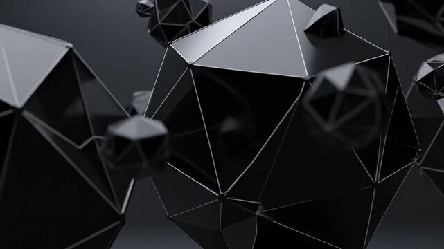 Abstract black geometric shapes with silver lines floating in a dark space.